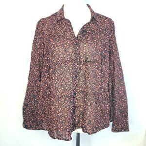 Brown Cotton Flower Print Button Down Shirt Blouse Top Women Size L